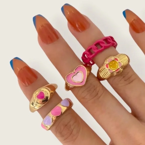 Gold Pink Y2K Ring Set
